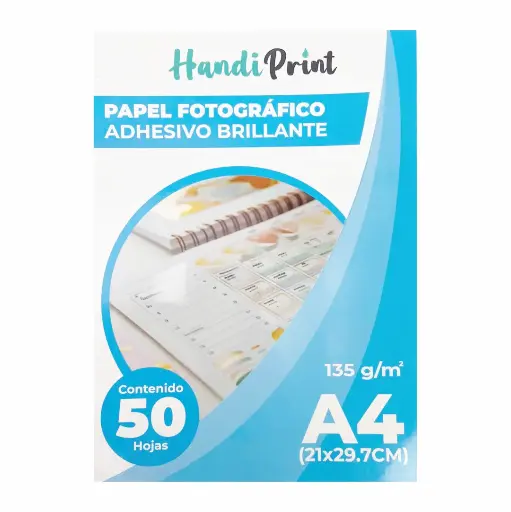 Papel fotográfico adhesivo brillante A4 x 50 hojas, 135 gsm, marca Handi Print